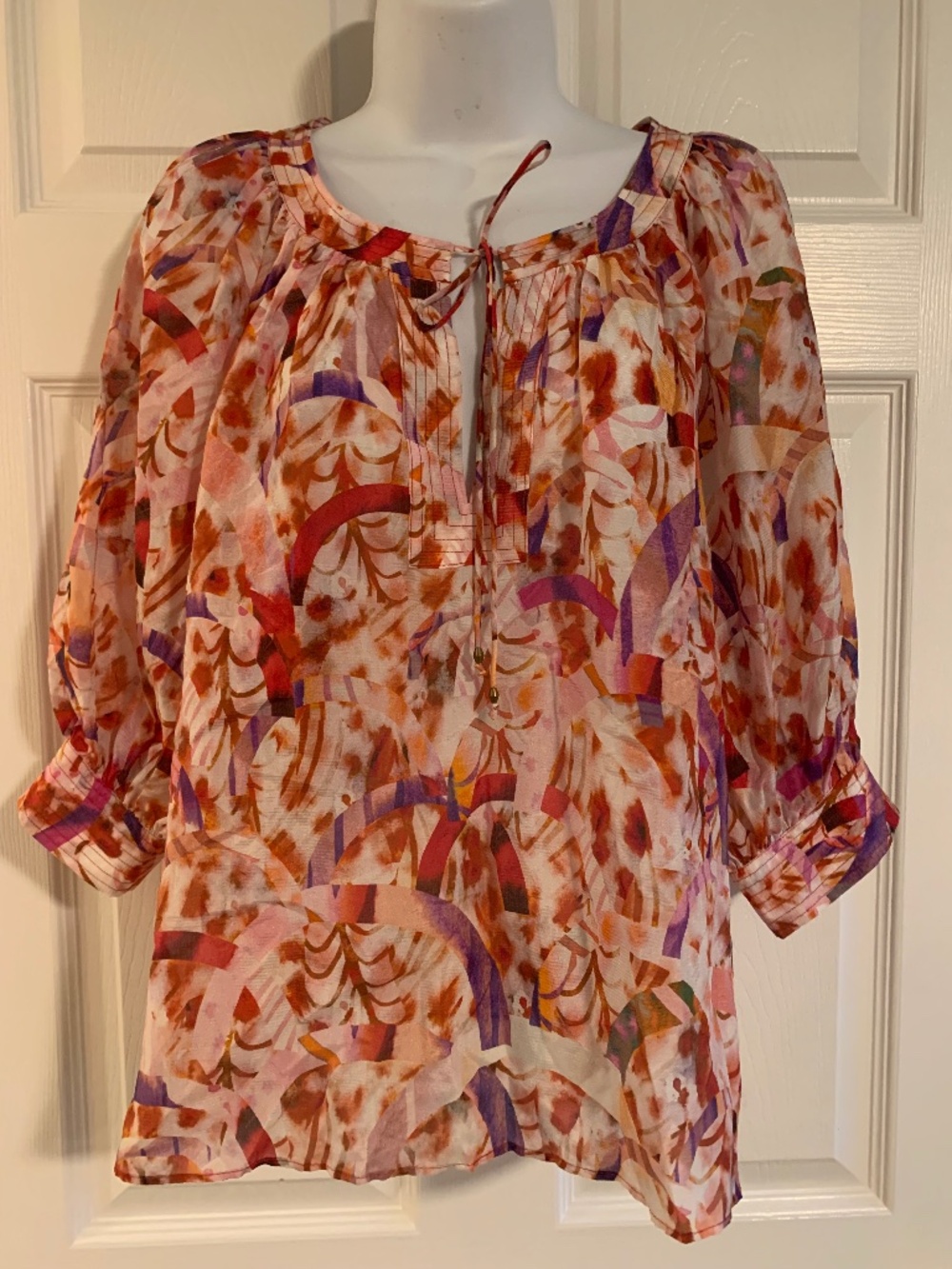 Marie Oliver Chelsea Blouse Abstract Geometric Print Tie Neck Metallic Bead